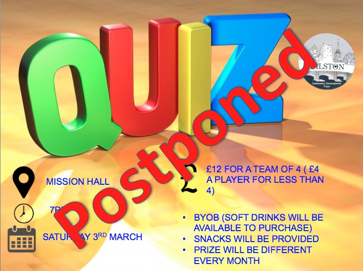 galston_trust's tweet photo. ****Quiz update******
Due to the weather the Trust have decided to postpone the Quiz the next one will be in The Portland on April 7th. 
Sorry for any inconvenience. https://t.co/GOCCT4bl5d