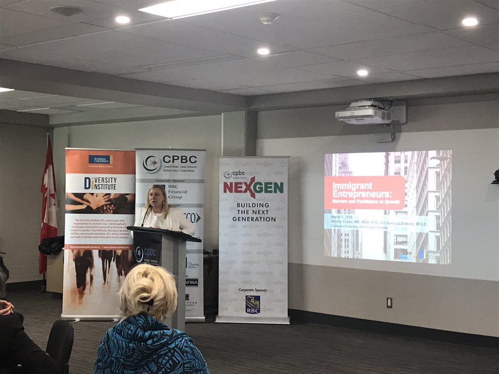 TorontoMetDI's tweet photo. @CukierWendy is now speaking at the @cpbcinfo at the @cpbcNEXGEN
Young professional immigrant #Entrepreneur event speaking about our first of its kind study on immigrant #entrepreneurship. See here https://t.co/eJOHojZ0UT https://t.co/bObH77Zbg9