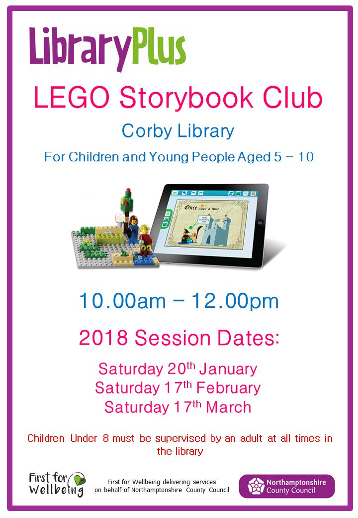 Library_Plus's tweet photo. The Lego Storybook Club will be meeting at #Corby Library On Saturday 17 March (10am-12pm). For ages 5-10. https://t.co/a7hb4shlyp
