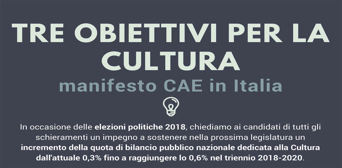 Il Manifesto CAE può essere un punto di riferimento utile, uno strumento in grado di contribuire a rendere le politiche per la cultura più eque, accessibili e inclusive <a href="/PaoloGentiloni/">Paolo Gentiloni</a> <a href="/Palazzo_Chigi/">Palazzo_Chigi</a> 
#3obiettiviperlacultura #elezionipotiche2018
#manifestoCAE