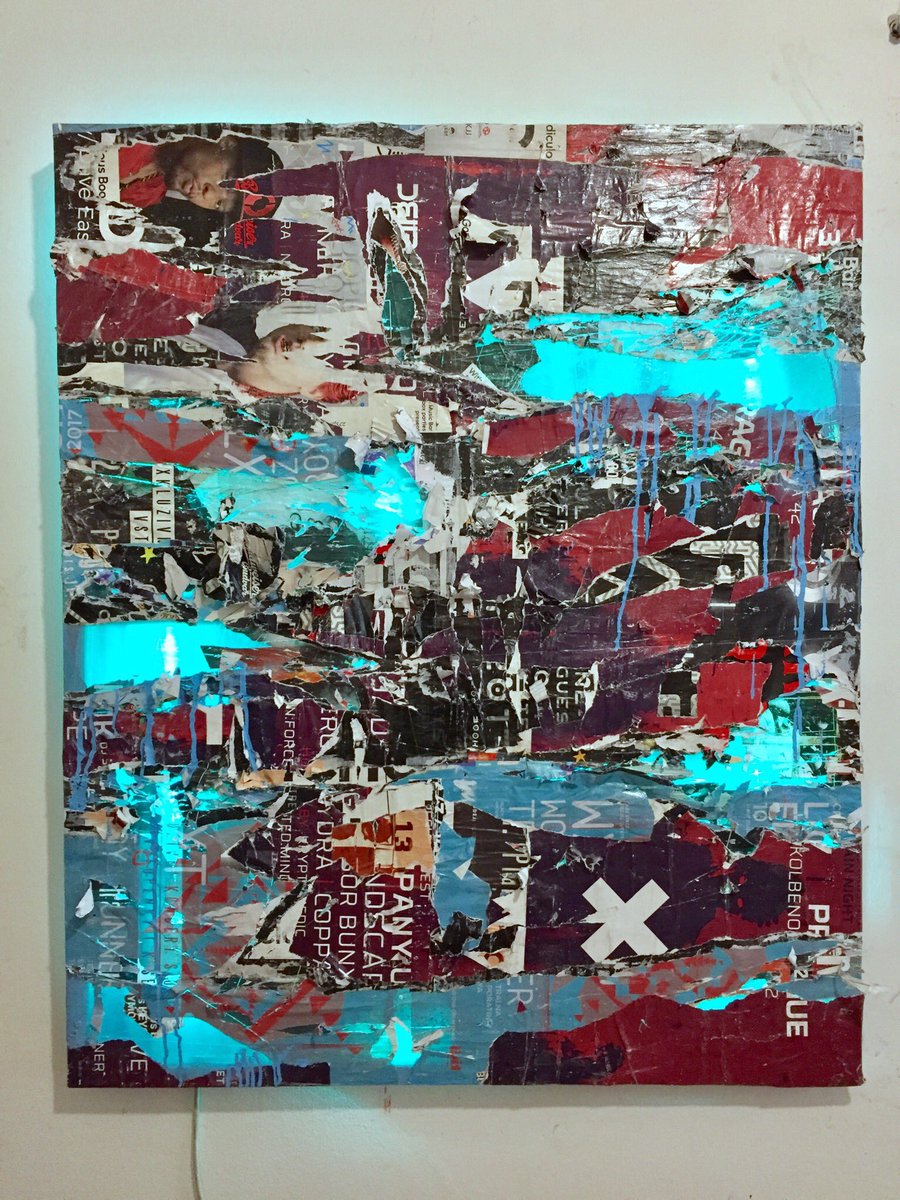 Triple decollage with blue/red light entitled “Xklusiv” 100cm x 120cm. “An invitation of a beautiful street is an invitation to walk within a dream.” - Mehmet Murat Ildan #collage #decollage #modernart #abstractart