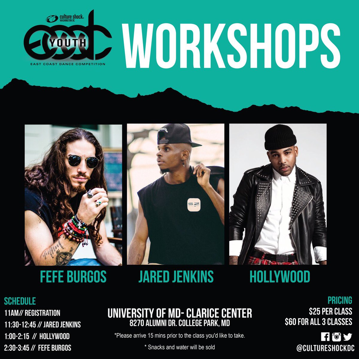 CultureShockDC's tweet photo. Our line up of instructors for #ECDCYouth workshops is OFFICIAL! πβ¨ Registration @ the door! BE THERE EARLY TO SIGN IN!
#CSDC16 #cultureshockdc #hollywood #fefeburgos #jaredjenkins #dmvdancers #dmvhiphop #ECDC https://t.co/BmS5l3mhHl