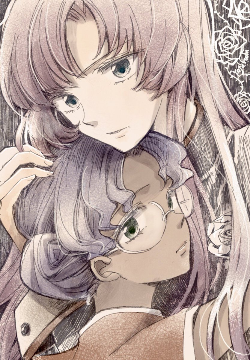 2girls multiple girls glasses purple hair long hair pink hair green eyes  illustration images
