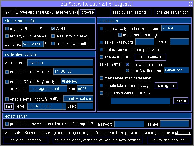 PaulWebSec's tweet photo. Would be really fun to dive in some #RetroMalware (because why not?)
Here are some screenshots of the well-known Sub7 (or called Sub7Server, SubSeven) :-).
Well known during the 2000's and developed by someone called "Mobman". https://t.co/Uvth7RRVYn