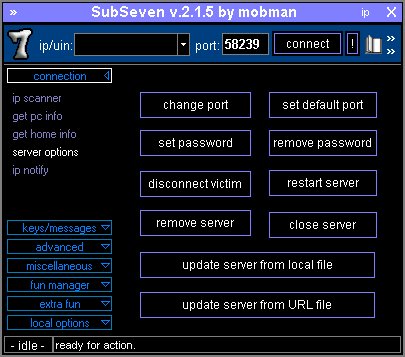 PaulWebSec's tweet photo. Would be really fun to dive in some #RetroMalware (because why not?)
Here are some screenshots of the well-known Sub7 (or called Sub7Server, SubSeven) :-).
Well known during the 2000's and developed by someone called "Mobman". https://t.co/Uvth7RRVYn