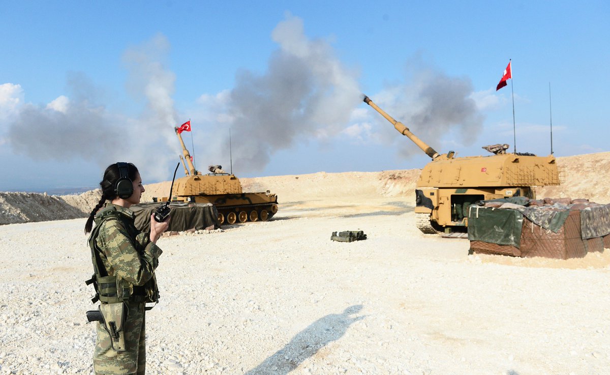 DailySabah's tweet photo. Female personnel of the Turkish military provide back-up support to Afrin operation by operating Storm Howitzers along the Syrian border https://t.co/6KKWzsVjOM https://t.co/oNys0w9IPr