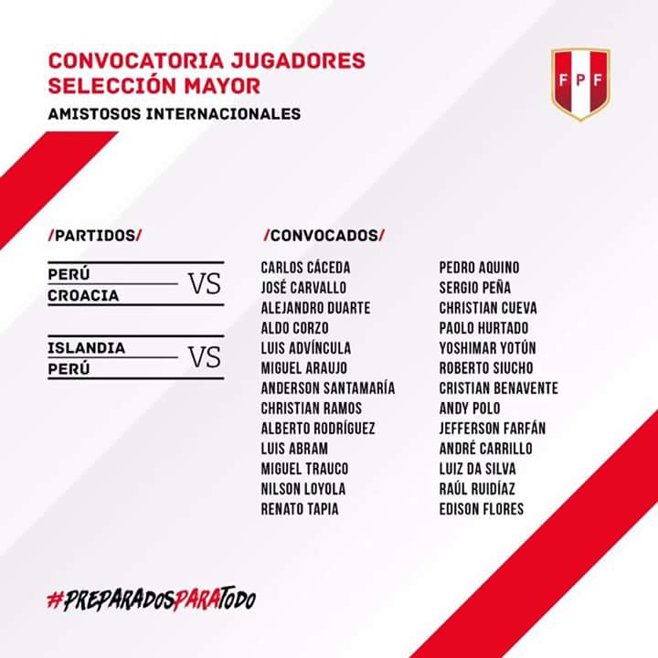 PartidoApartePe's tweet photo. Estos son los convocados para enfrentar a Islandia y Croacia.
#Peru #Rusia2018 #PeruEnRusia https://t.co/UJePVx8kX7