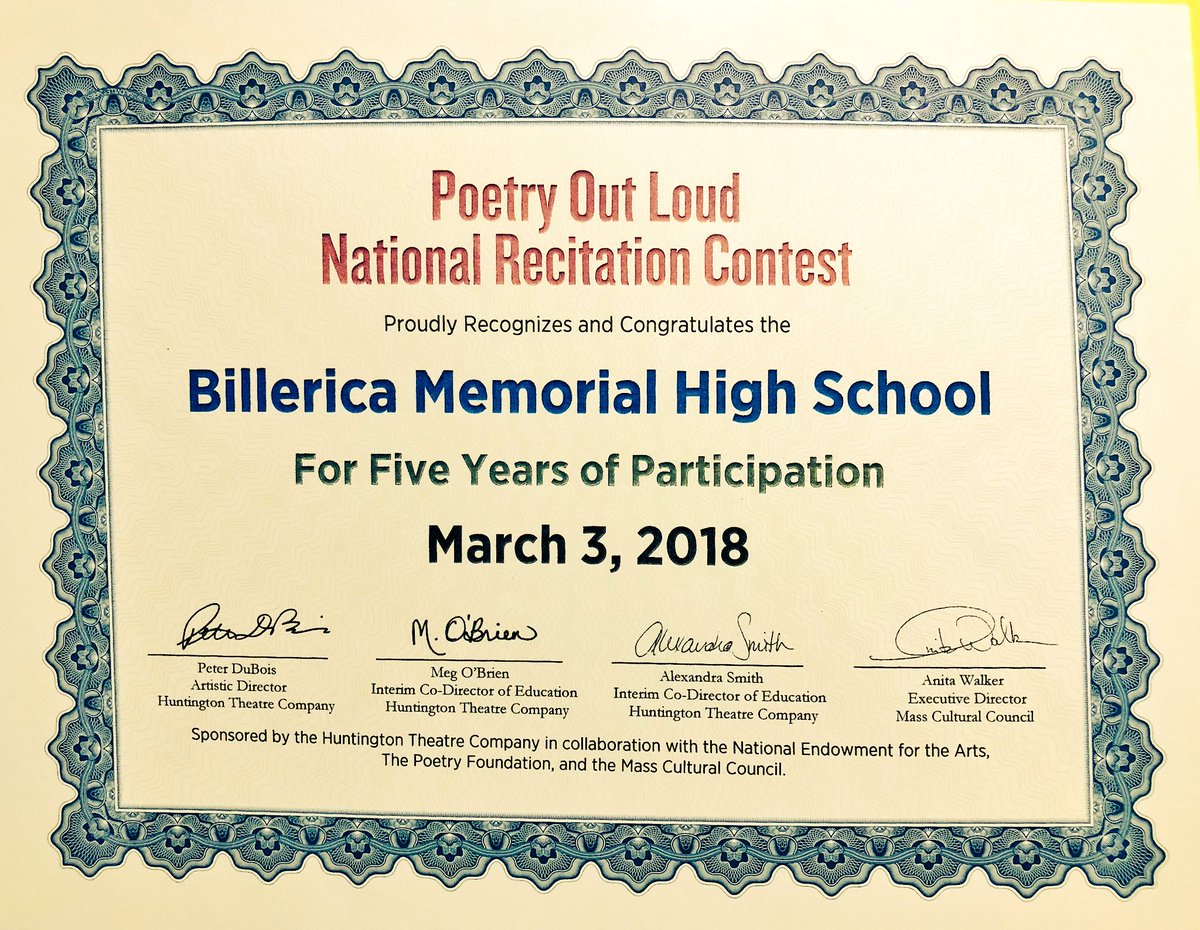 BMHSSpokenWord's tweet photo. Billerica received its five year participation in Poetry Out Loud award today. Yay poetry! #wearebmhs https://t.co/e7tqyk1Rzl