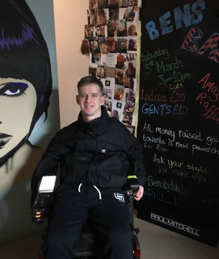 benwimbushSCORD's tweet photo. Haircut by Leo @Hazel2502 who has done his best to turn me into Thomas Shelby Thanks to all the stylist for giving up their time & skills to help me fund a powerchair that doesn't cause #extremepain #pressuresores #wheelchairuser #SpinalCordInjury #tetraplegic #Blueberrybangs https://t.co/9ArgHdt4jh