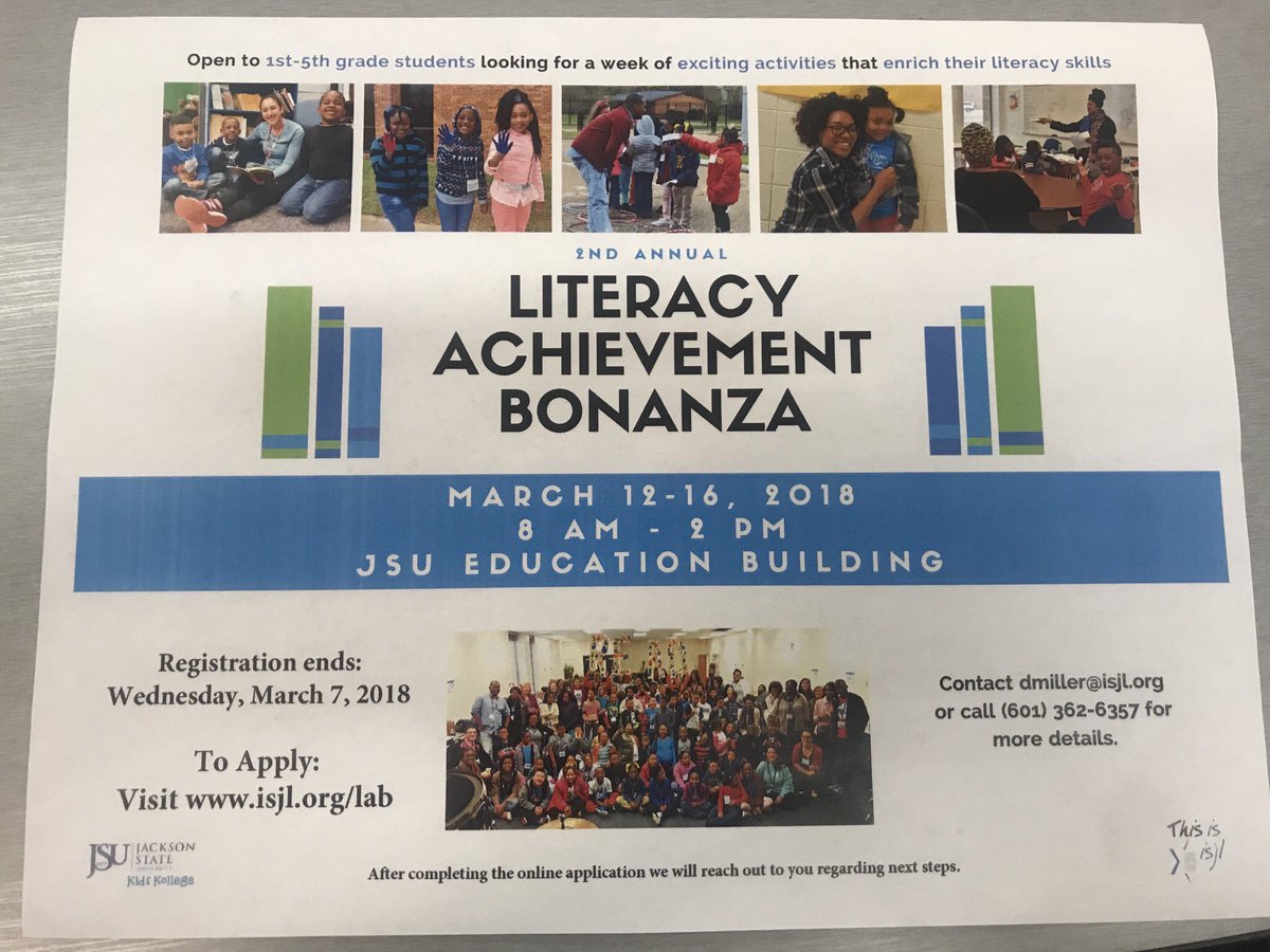 Do you know a 1st-5th grade JPS student who needs something to do during Spring Break? Sign them up for this program at JSU. Other than the $25 registration fee, this entire week will be free! Let’s increase literacy one child at a time 😁