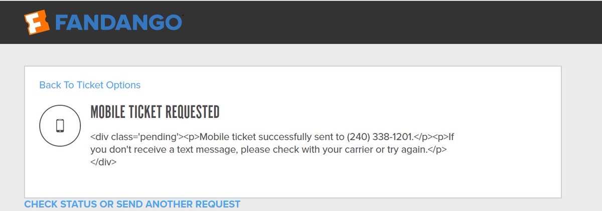 aoa4eva's tweet photo. @Fandango - Your confirm message is displaying HTML tags... https://t.co/kRw9Pj6MPc