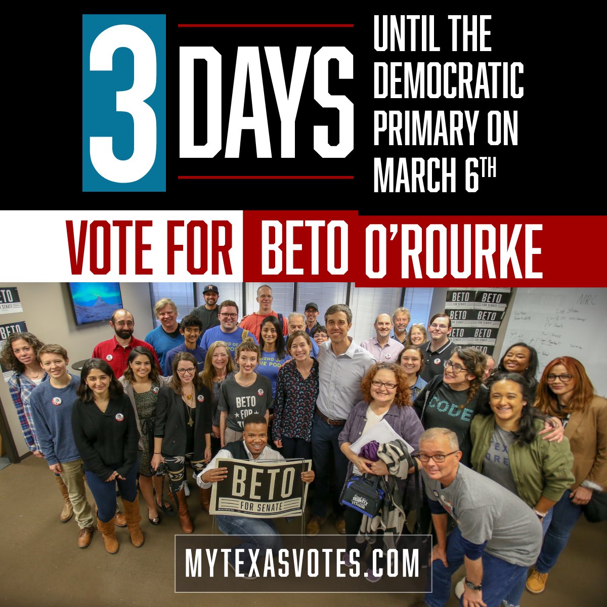 BetoORourke's tweet photo. Only 3⃣ days left until primary Election Day, Texas! Make your plan to vote at https://t.co/hj3IrXqziM https://t.co/YXdKF6ccVX