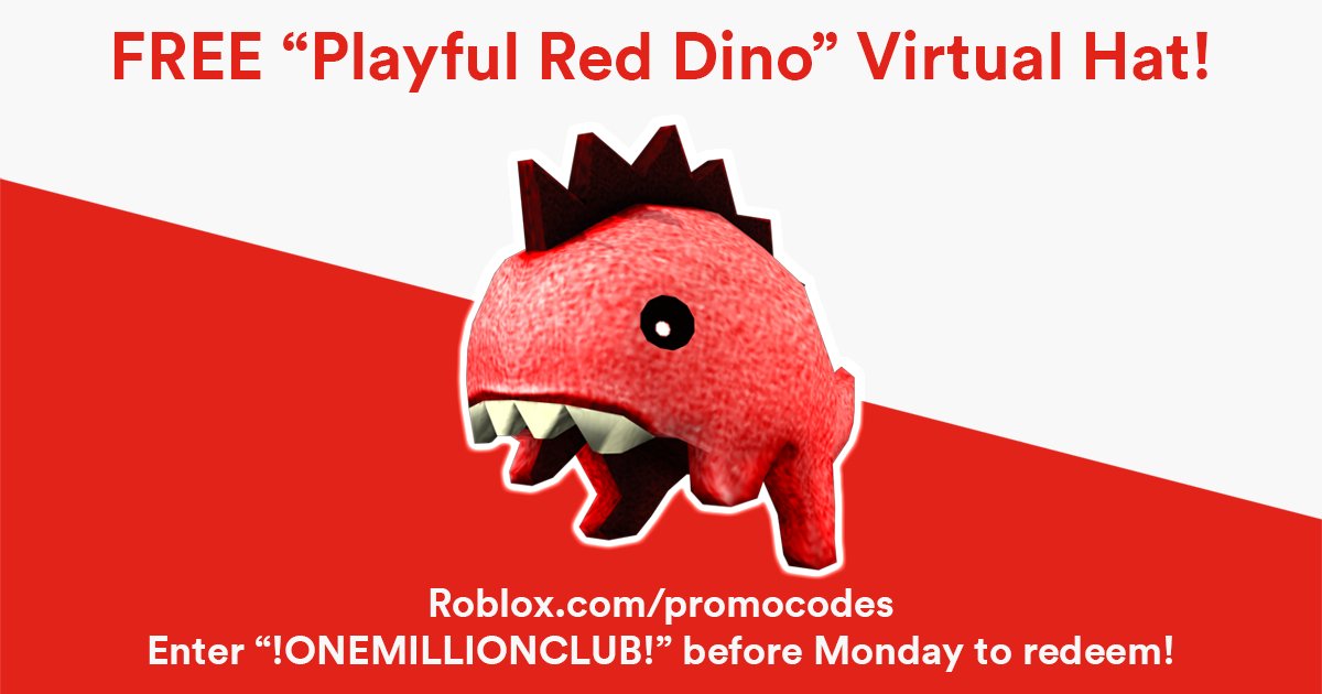 Roblox On Twitter We Ve Hit One Million Youtube Subscribers As A Special Thanks We Re Giving Away A Free Prize Enter Onemillionclub At Https T Co Bumjj9rcb9 To Redeem Your Own Playful Red Dino Https T Co Rw2ittuy50 - how to make your own hat on roblox 2018