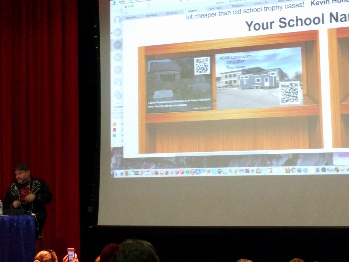 kim_culp's tweet photo. "We have cases with sports 🏆 going back to 1930. Why don't we have academic trophy cases?"  @kevinhoneycutt challenging us at #pbcsdtechconf   Easy idea for @PBCtrailblazers: use Google draw,  case background image with student work and qr codes to their actual project. So 🆒 https://t.co/OcwQIbAjnx