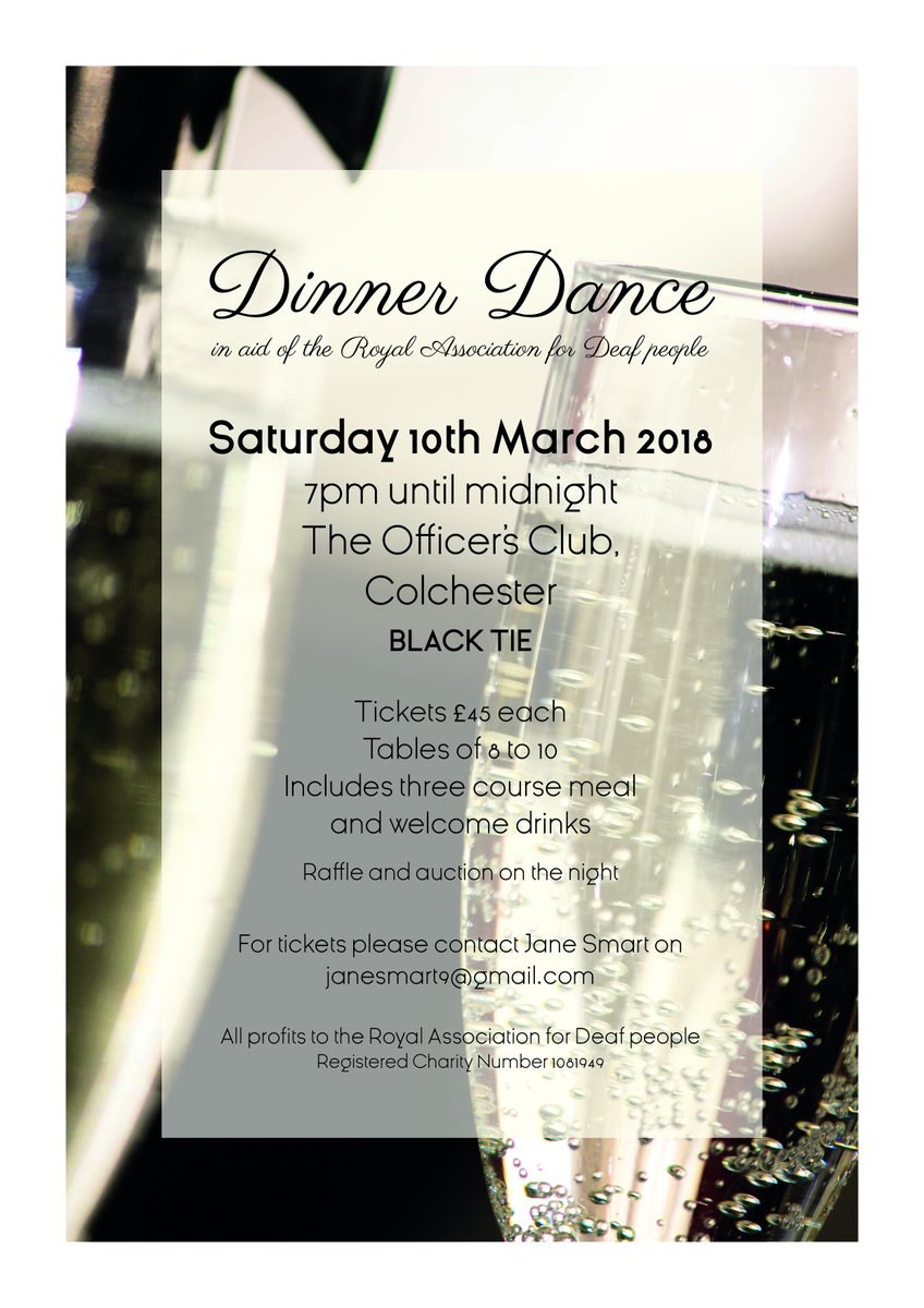One week to go until the Dinner Dance in aid of Royal Association for Deaf people at The Officers Club in #Colchester. The event has been kindly organised by Jane Smart, one of our amazing fundraising ambassadors. To purchase tickets, go to: ow.ly/LMKz30izlzF