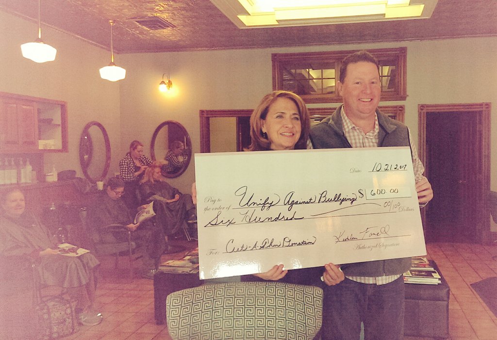votemonica's tweet photo. So glad to be at New Decade Hair Designers of #MelroseMA today as owner Kathy Farrell presented @unifyagainst with a contribution check. Kathy embodies their positive message. So proud to have her in our community! https://t.co/0sA1DxF2Bu