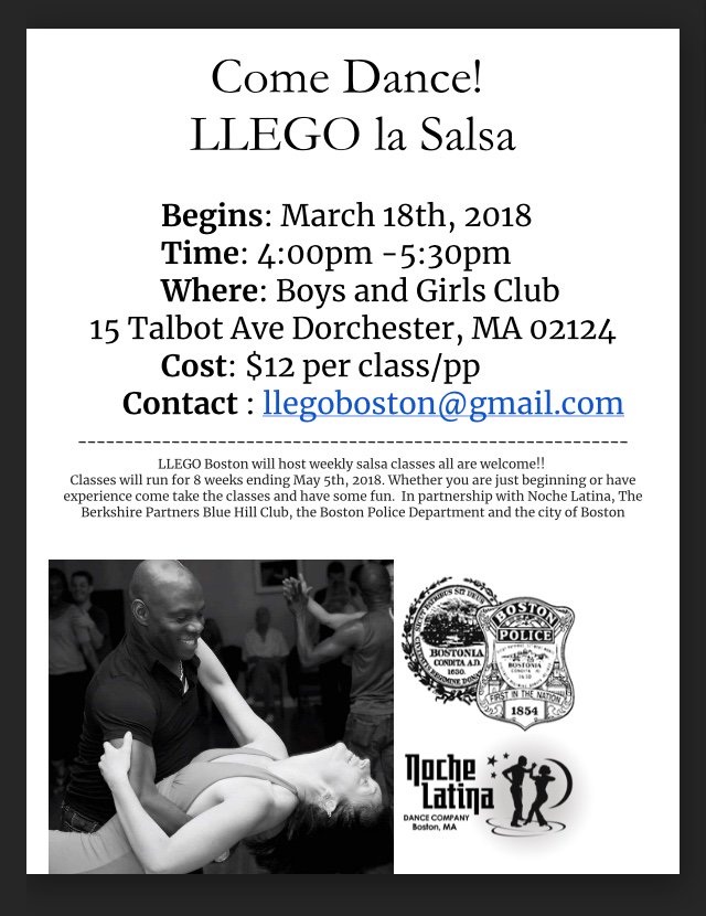 LLEGO_BOSTON's tweet photo. Join us and instructors from @NocheLatinaDanc Company for salsa lessons! Every Sunday starting March 18th- May 5th. Come have fun and brush up on your salsa dancing moves! https://t.co/XwhpboiypZ