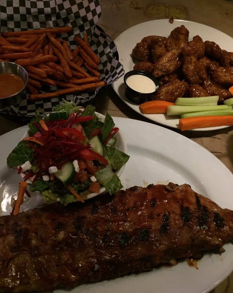 Pre-game meal #FallOffTheBoneRibs #SweetPotatoFries #Salad oh and #HoneyGarlicChickenWings #GoLeafsGo #TMLTalk #OutdoorGame #NHL