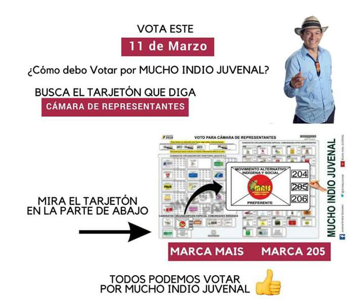GerardoJumi's tweet photo. Invito a votar por Juvenal Arrieta para que sea legislador dela República en la cámara de Representantes en la circunscripción especial por comunidades Indígenas,para que haga debates de control político  contra la corrupción, presente iniciativas de ley en favor de todos. https://t.co/8eH4TTQu1M