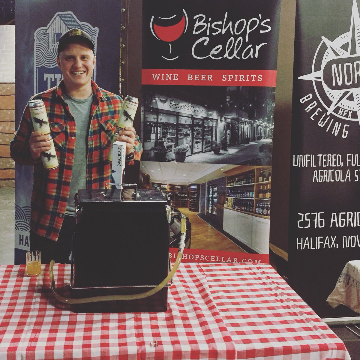 BishopsCellar's tweet photo. Lucas and Ryan are pouring our @2crowsbrewing collab #passiontrip at the #craftbeercottageparty tonight #Halifax @SavourFW https://t.co/8LtFDe8lzq