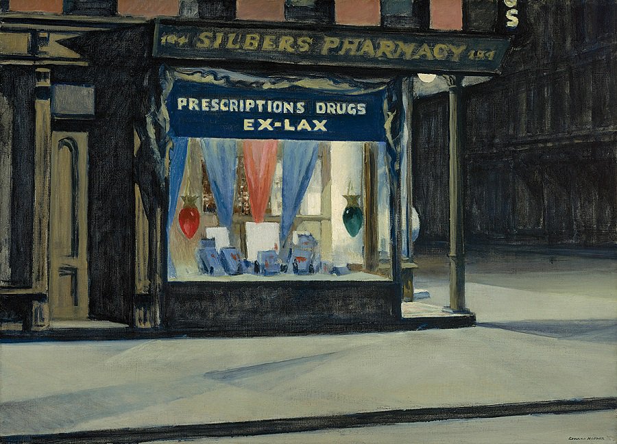 BotellaLeche's tweet photo. Edward Hopper - "Drugstore" (1927). https://t.co/lCtuCT8w2K
