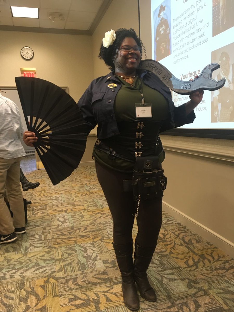 MiamiOH_CW's tweet photo. Aiesha Little’s fab steampunk character getup #NerdLit https://t.co/CSDP7LrC8H