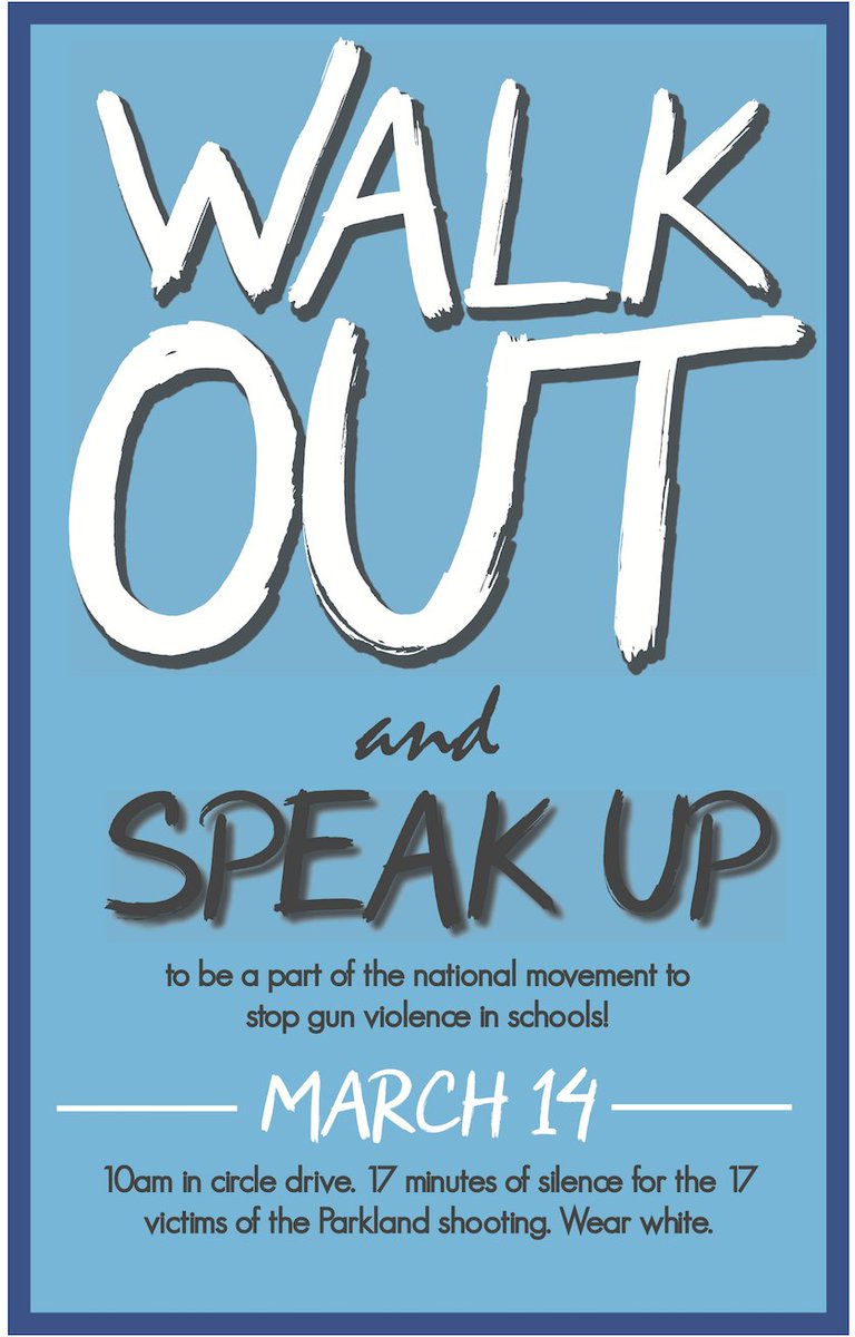 2018phswalkout's tweet photo. WALK OUT and speak up to be a part of the national movement to stop gun violence!
What: PHS student walkout 
When: March 14 at 10:00 a.m. (after 2nd period) 
Where: Circle Drive 
17 minutes of silence for the 17 victims of Parkland shooting
Wear white! https://t.co/E1ZW1SfM0t