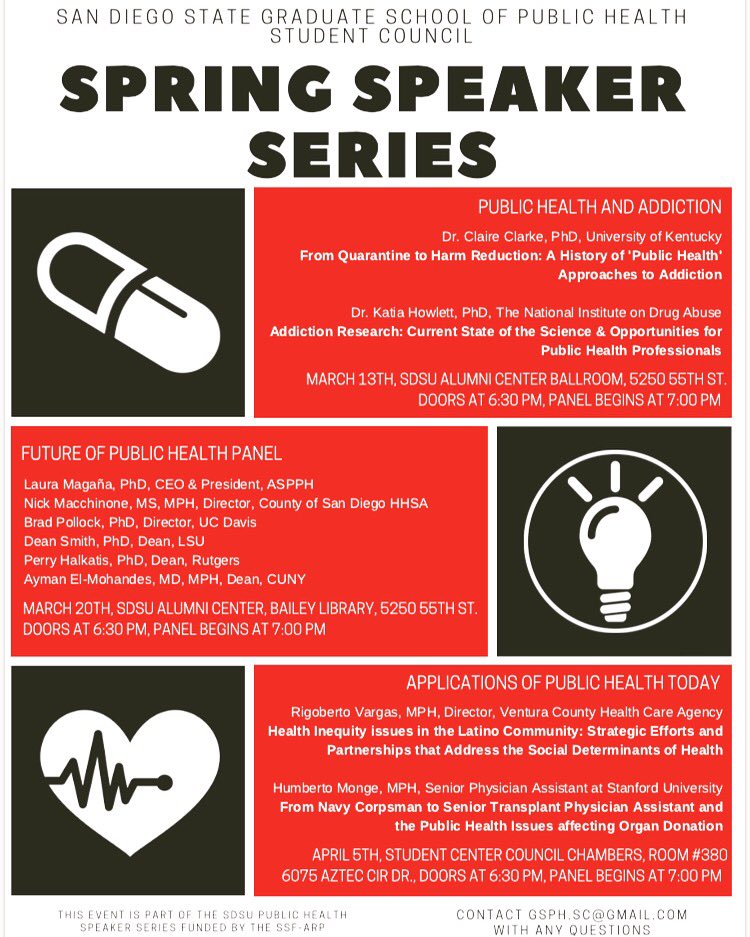 All SDSU students and faculty are welcome to attend. First in the series starts on March 13th @ 7PM (Doors open at 6:30PM) #springspeakerseries #publichealth #gsph #sdsu