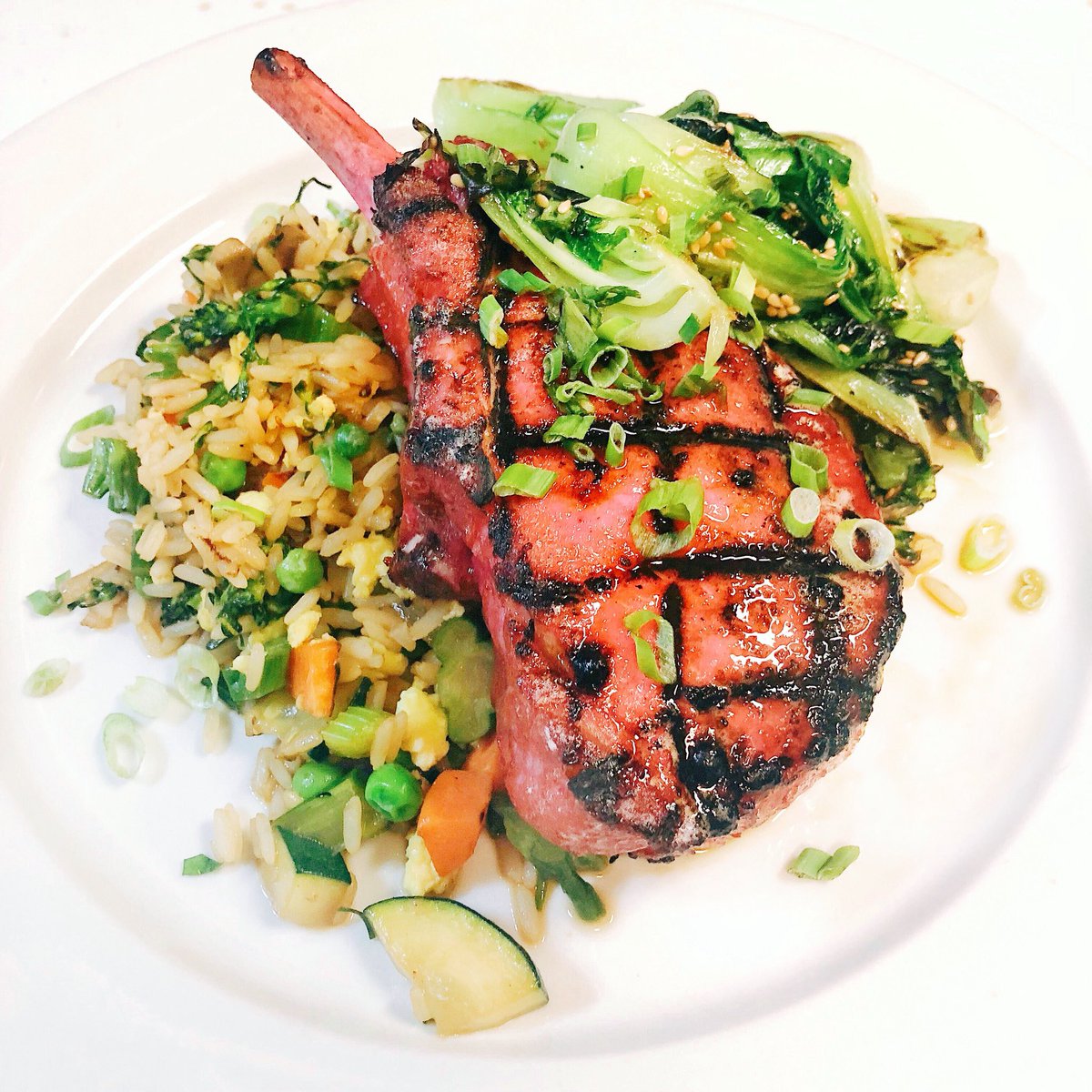 Tonight. Chinese barbecue pork chop, fried rice, toasted sesame bok choy. #rva #rvadine