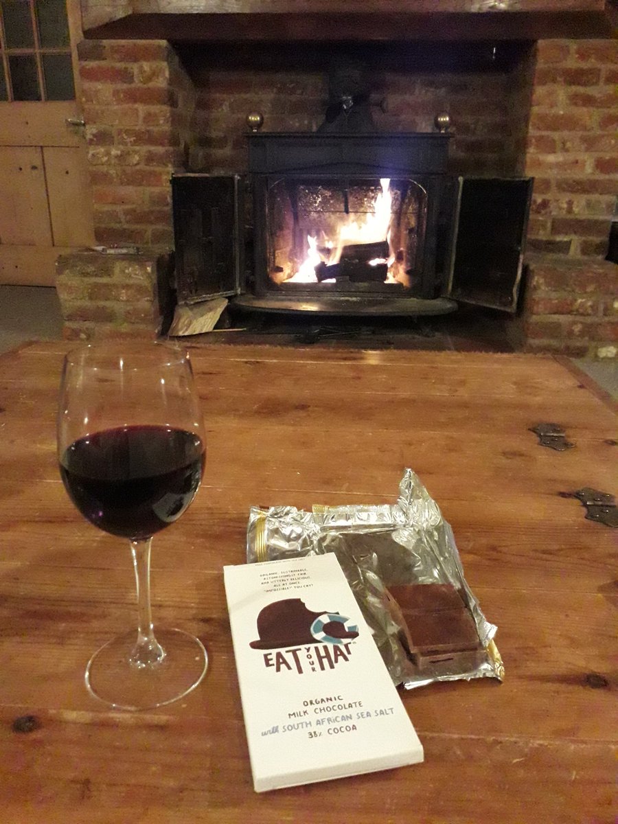 Must be Saturday night, red wine, fire and @eatyourhat chocolate! #plasticfree #plantbasedpackaging