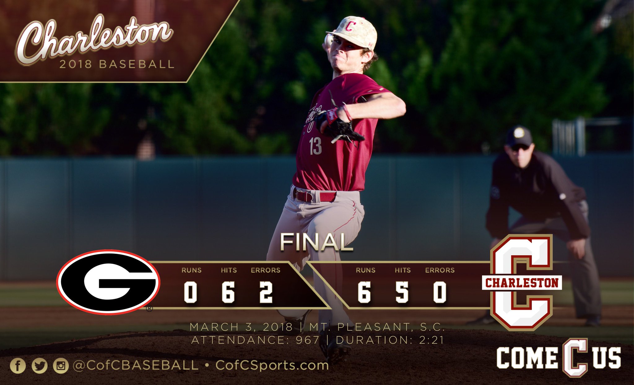 CofC Baseball on Twitter: "FINAL | COFC 6, UGA 0 | Griffin McLarty tosses the Cougars' first