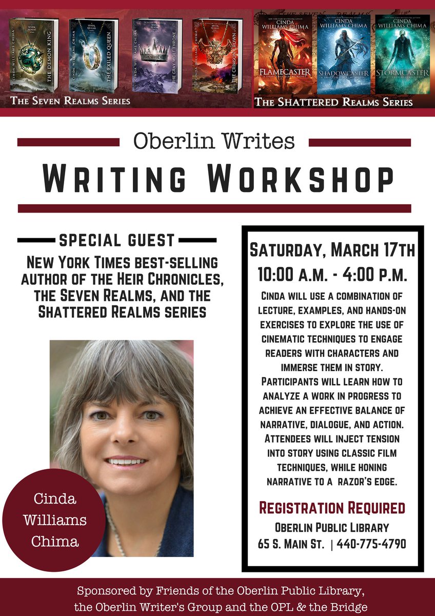 Writing Workshop coming your way with Cinda William Chima! March 17th from 10:00 am to 4:00 pm #writingworkshop <a href="/OberlinPL/">Oberlin Pub. Library</a>