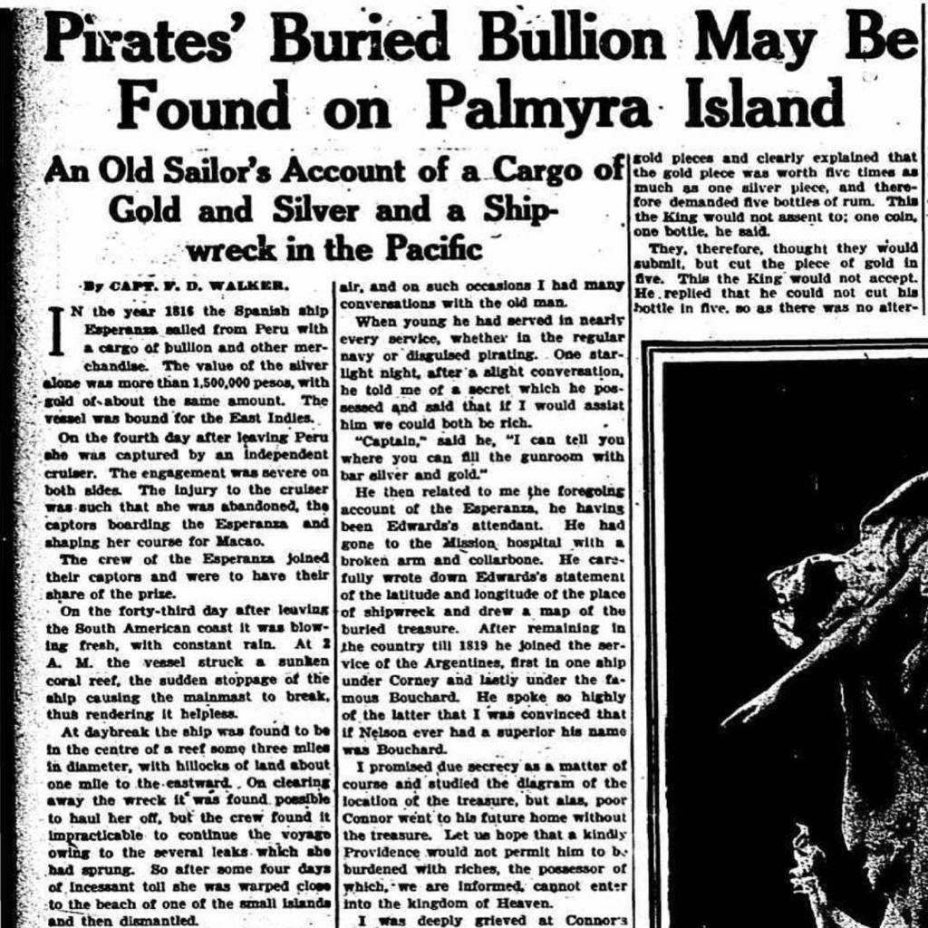 PalmyraArchive's tweet photo. #palmyraatoll Item #53: Article from 1914 on the Pirate Treasure Rumored to be Buried on Palmyra. One of the more detailed accounts on the treasure of the Esperanza, which had a resurgence in popularity during the early 20th century. .
.
#lineislands #palmyraatoll #pirates #… https://t.co/D65EdeLGai