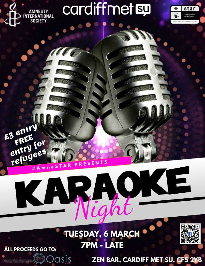 CMAmnesty's tweet photo. This Monday is the first day of @cardiffmet Global Week! Keep an eye out for our events with @STARCardiffmet - this year there is a focus on welcoming refugees 
 and the proceeds of our Karaoke and Bake Sale will be going to @oasiscardiff 
#Cardiff #welcomerefugees https://t.co/DwUOUzDDCz