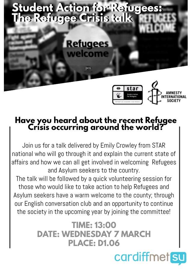 CMAmnesty's tweet photo. This Monday is the first day of @cardiffmet Global Week! Keep an eye out for our events with @STARCardiffmet - this year there is a focus on welcoming refugees 
 and the proceeds of our Karaoke and Bake Sale will be going to @oasiscardiff 
#Cardiff #welcomerefugees https://t.co/DwUOUzDDCz
