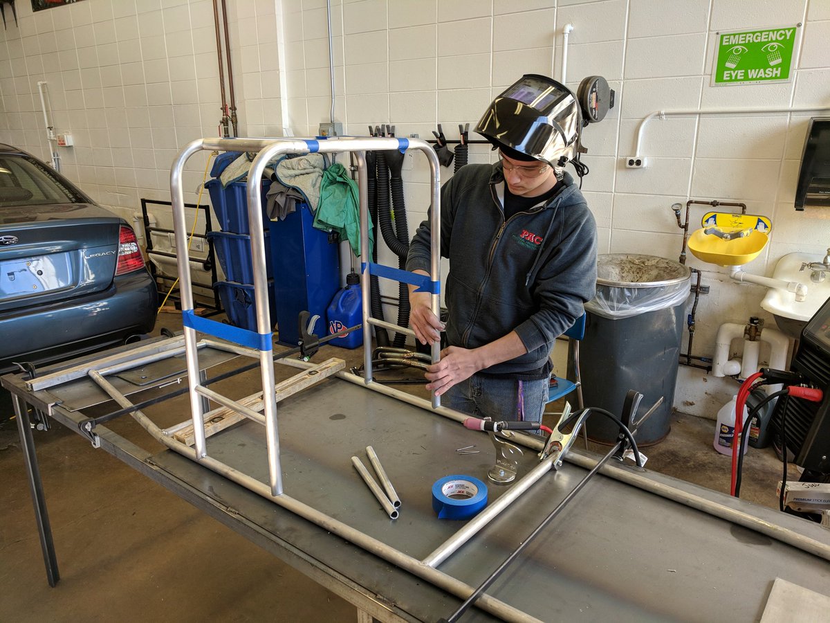 jdufkis's tweet photo. The kids were working hard on their high mileage car during auto club yesterday. Main hoop is all tacked in and looks great, in addition to being very safe. @RMHSMUSTANGS @District214 https://t.co/x1X4KcAIFW