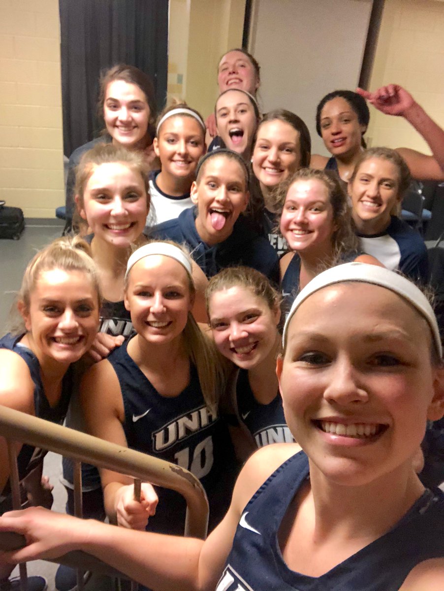AEHoopsNews's tweet photo. All smiles for @UNHHoops as they pick up the victory to move onto the semis! #AETourney #SheRules https://t.co/U5fJM50wMz