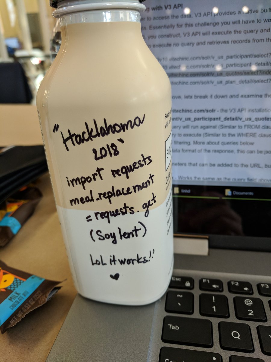 HelloitsLinh's tweet image. @soylent @MLHacks first #Hacklahoma and first soylent experience #soylentcanvas #pythonRequests #worked!!