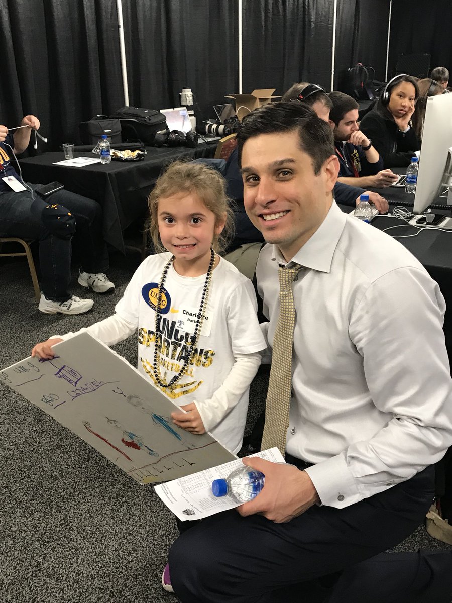 KRecHoos84's tweet photo. SoCon Coach of the Year gets some love from his niece after quarterfinal win. #letsgoG #STRIDE #unclewes https://t.co/dxBuEXGUNN