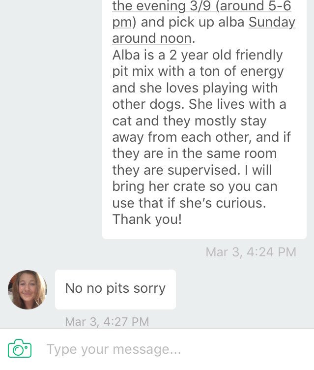 EJMakar's tweet photo. While booking a sitter on @RoverDotCom I found a user who won’t accept my pup because of her breed. These stereotypes reinforce breed specific legislation and culling. Shame on you Mandy R from Danbury NH. Retweet to save a pit’s life @WagWalking #notabully #pitbull #pitadvocate https://t.co/b0kh1Thzfk