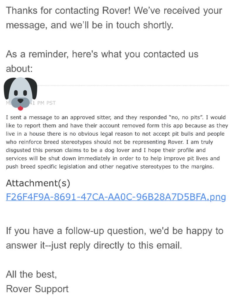 EJMakar's tweet photo. While booking a sitter on @RoverDotCom I found a user who won’t accept my pup because of her breed. These stereotypes reinforce breed specific legislation and culling. Shame on you Mandy R from Danbury NH. Retweet to save a pit’s life @WagWalking #notabully #pitbull #pitadvocate https://t.co/b0kh1Thzfk