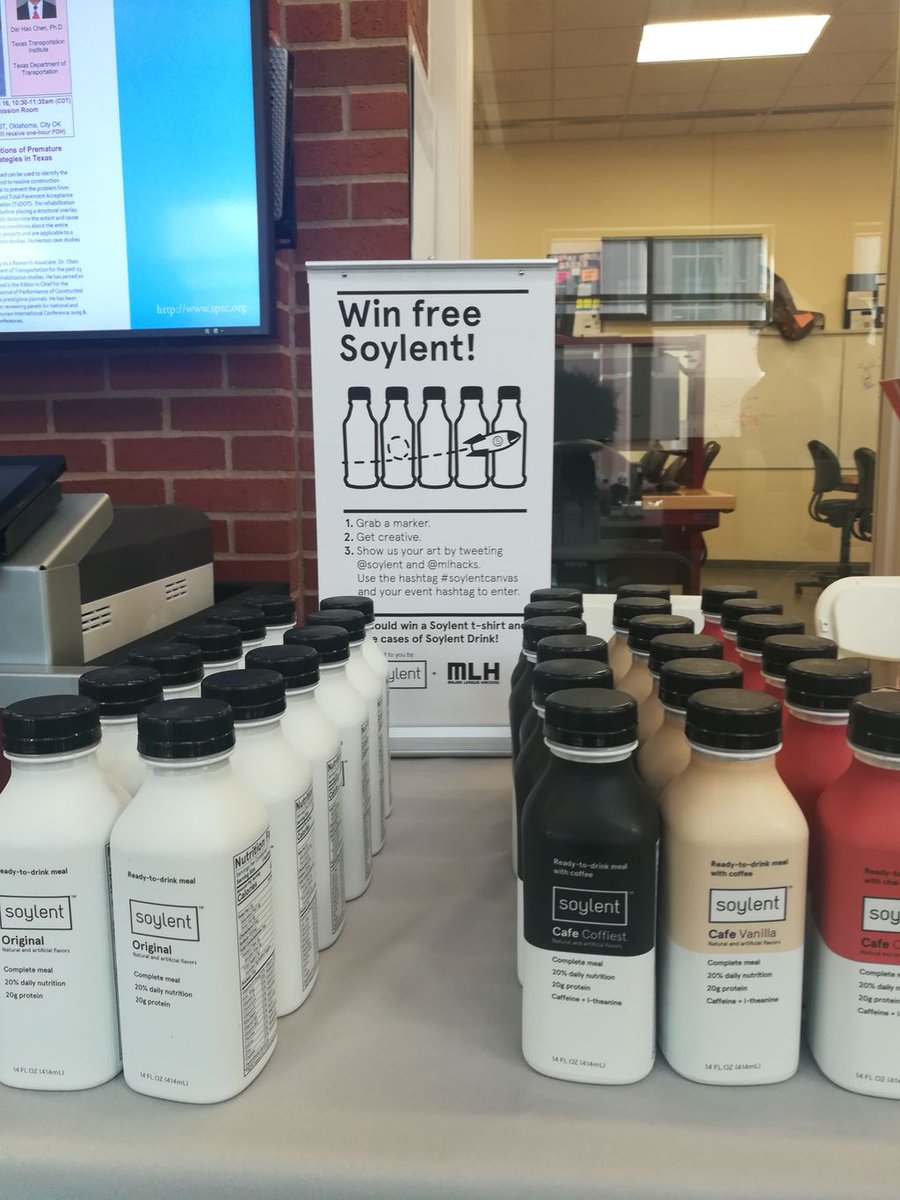 MLHacks's tweet photo. Try some delicious @soylent at @hacklahoma before it's all gone! #hacklahoma https://t.co/bOljJNzXyi