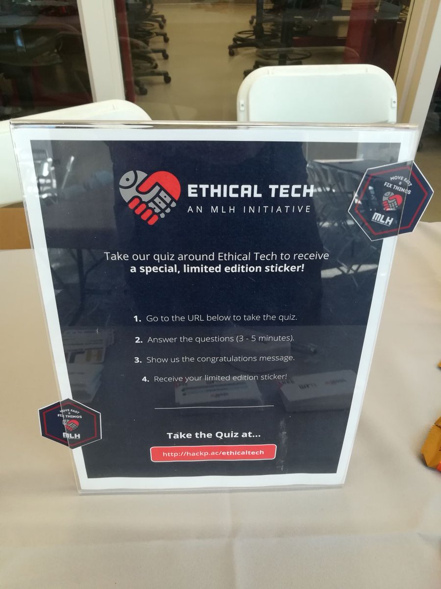 MLHacks's tweet photo. Take our #ethicaltech quiz at @hacklahoma and see @kst123abc for a limited edition sticker! #hacklahoma https://t.co/6YXuakXY49