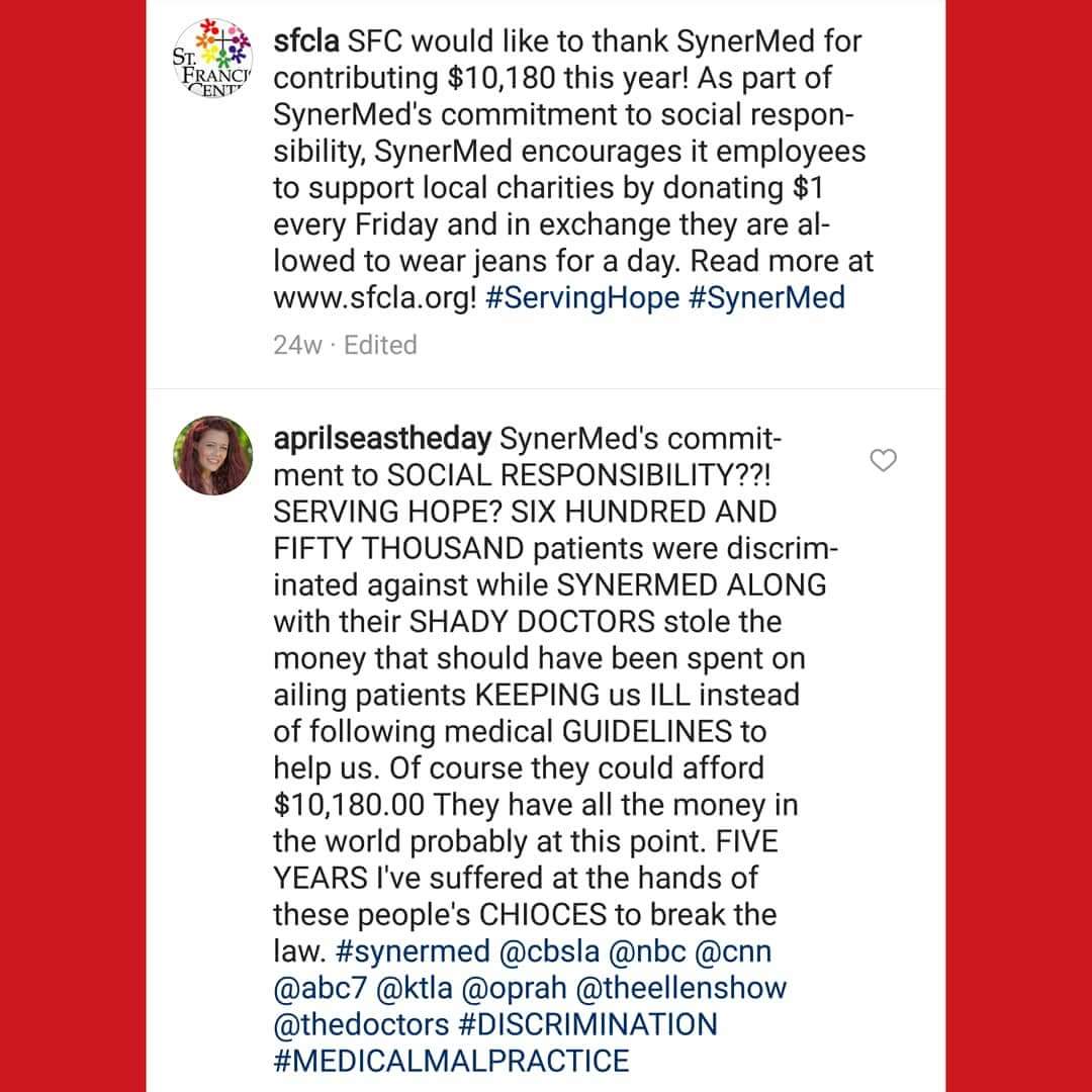 kittybaby76's tweet photo. Since were talking about SOCIAL RESPONSIBILITY. SynerMed, quite literally. You made me sick, by keeping me ill. I am coming for you. #synermed #discrimination #medicalmalpractice #socialresponsibility @aclu_socal @aclu_nationwide @nbc @cbs @abc7la @theellenshow @oprah @cnn https://t.co/D21vbWt6yE