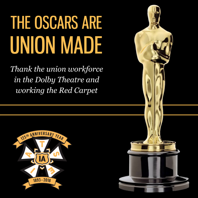 IATSE's tweet photo. Planning to watch the Oscars tonight? Take a moment to thank the union stagehands, hair and makeup artists, broadcast technicians, riggers, camera operators, wardrobe workers, lighting and audio engineers, and everyone else who makes the show possible! #unionpride #1u https://t.co/CNR0a9p4tK