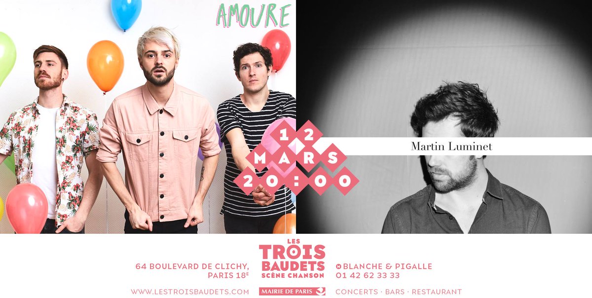 BratsIndieMusic's tweet photo. Une très belle #soirée annoncée ce lundi 12 mars à @lestroisbaudets à #Paris avec @amouremusic et Martin LUMINET 🎶
👉 https://t.co/wblbzL5OJZ
#amoure #martinluminet #musique #concert #lestroisbaudets #pop #indiemusic https://t.co/J52L84qD6y