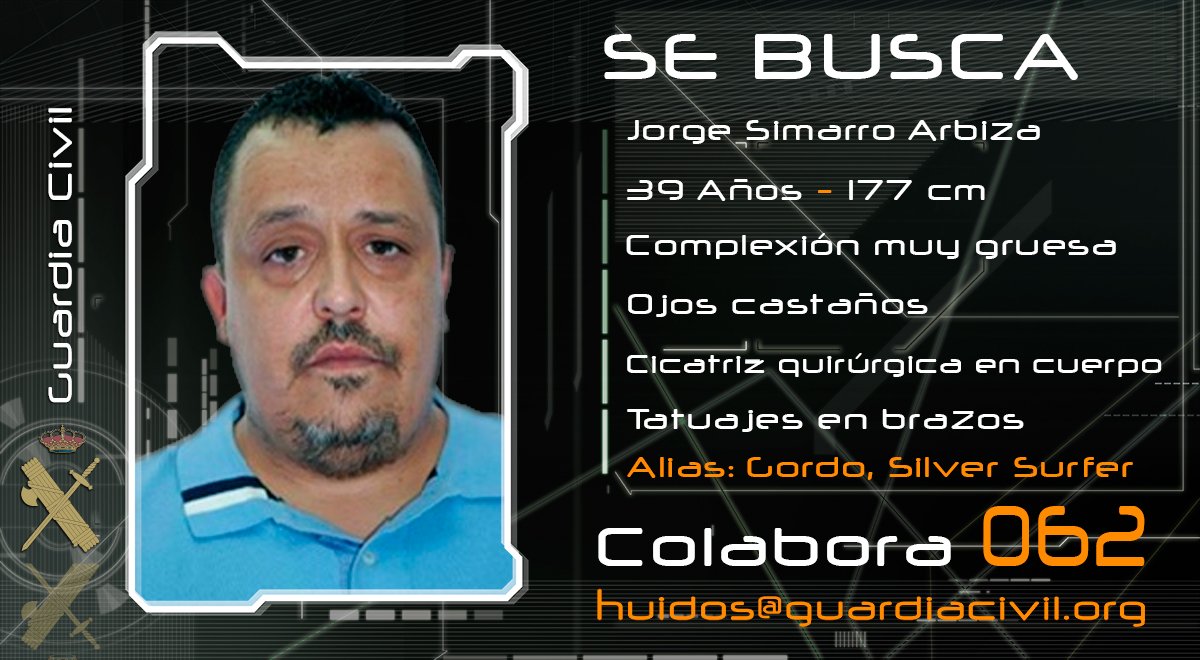 interiorgob's tweet photo. La @guardiacivil busca a Jorge Simarro, alias "Silver Surfer" 
Si lo has visto o tienes algún dato🔜
☎️062
📧 huidos@guardiacivil.org 
¡Gracias! https://t.co/r5QLIupWif