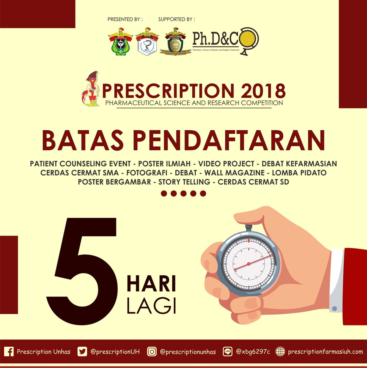 Hello prescription enthusiast!
sudah mempersiapkan diri untuk mengikuti rangkaian kegiatan dalam prescription tahun ini?
segera kirimkan formulir pendaftaran kalian!
sebagai informasi tambahan, bahwa pendaftaran lomba akan diundur hingga tanggal 16 Maret 2018.