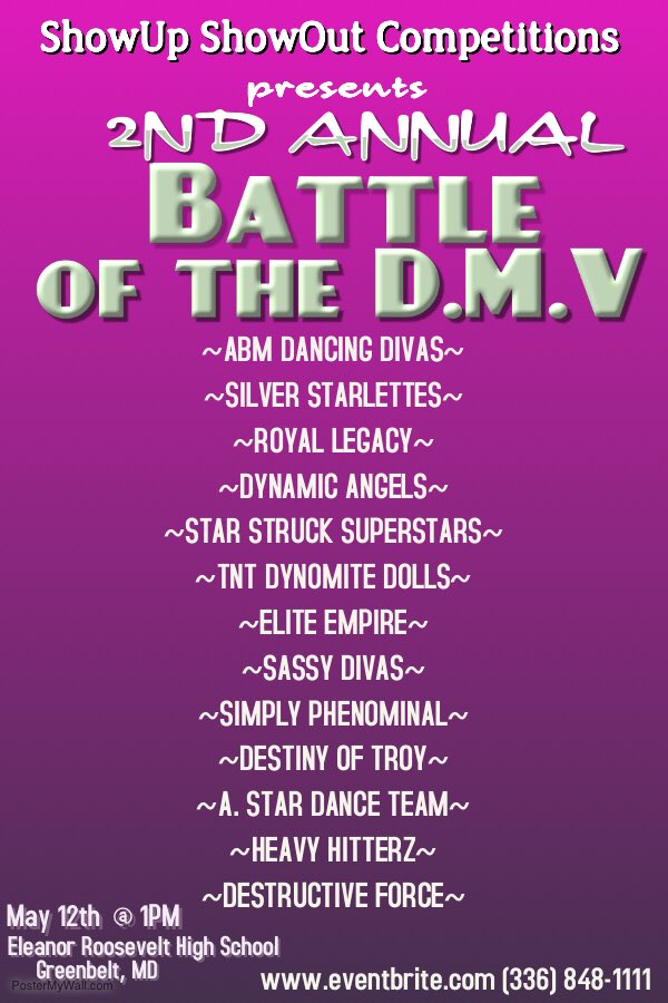 RavinNotRaven's tweet image. Here is the official line up!! Battle of the DMV 

This event is forecast to SELL OUT!! That’s right SELL OUT! So get your early bird tickets NOW while supplies last! Click the link below to purchase your tickets NOW!!

#SHARE #TAG 

eventbrite.com/e/battle-of-th…