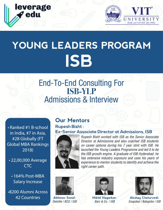 leverageedu's tweet photo. Get access to successful ISB Alums & those who've run Admissions at ISB, dedicated to making sure that you find a place at India's #1 B-School, ISB! Meet them at VIT, Vellore from 12th Mar'18 to 14th Mar'18. Visit - https://t.co/WEPIOBwlGA
#VITChaloISB #ISBAlums #ISB #leverageit https://t.co/ZZ1x33rqHU